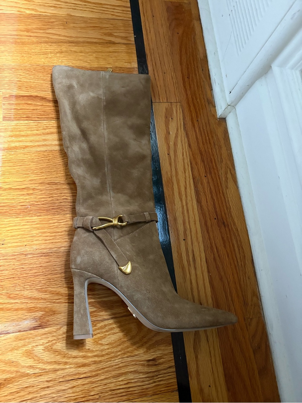NEW Steve Madden tan chestnut Suede Knee-High Pointed-Toe Boot with Gold Accent